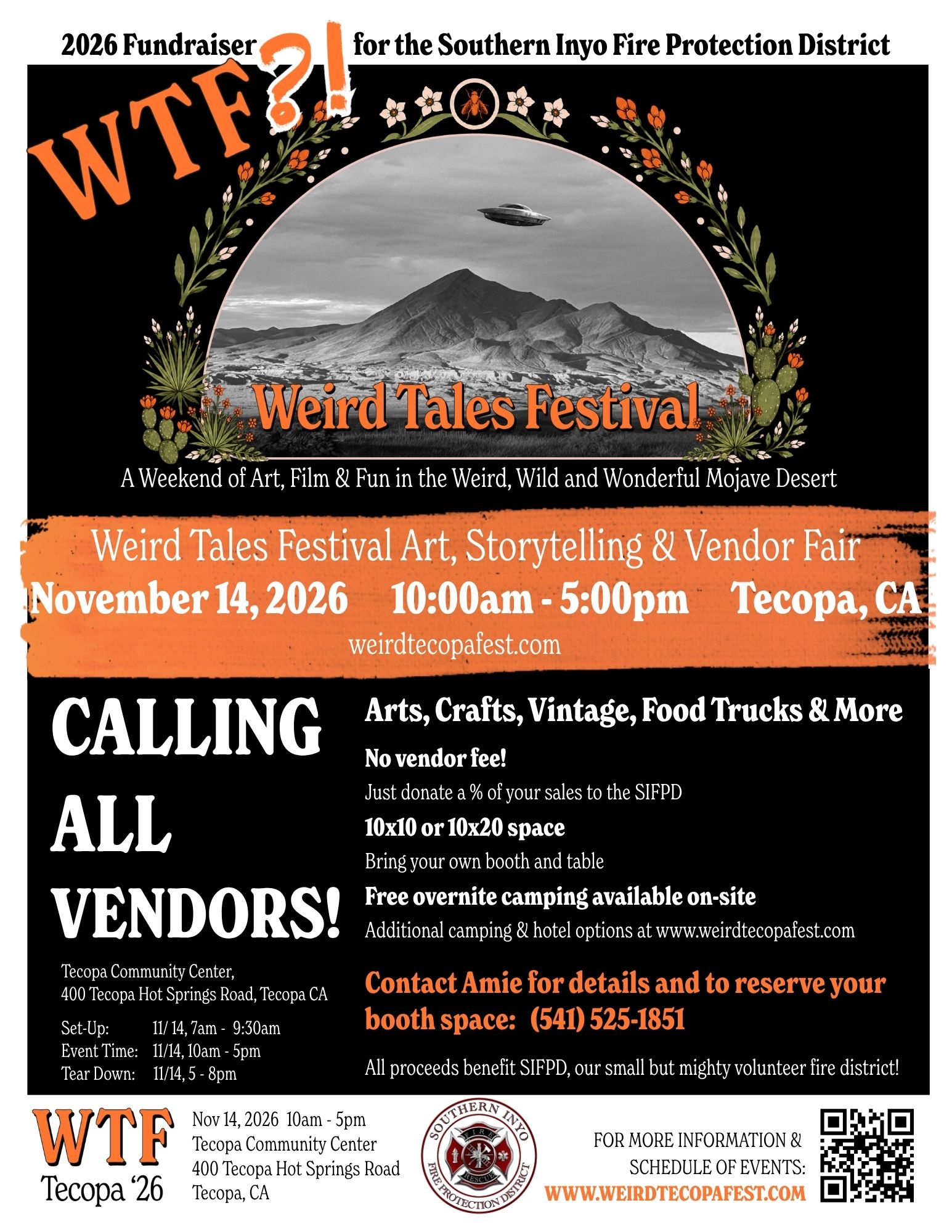 Vendor flyer for the Weird Tales Festival Art, Storytelling and Vendor Fair, November 14, 2026, in Tecopa, California